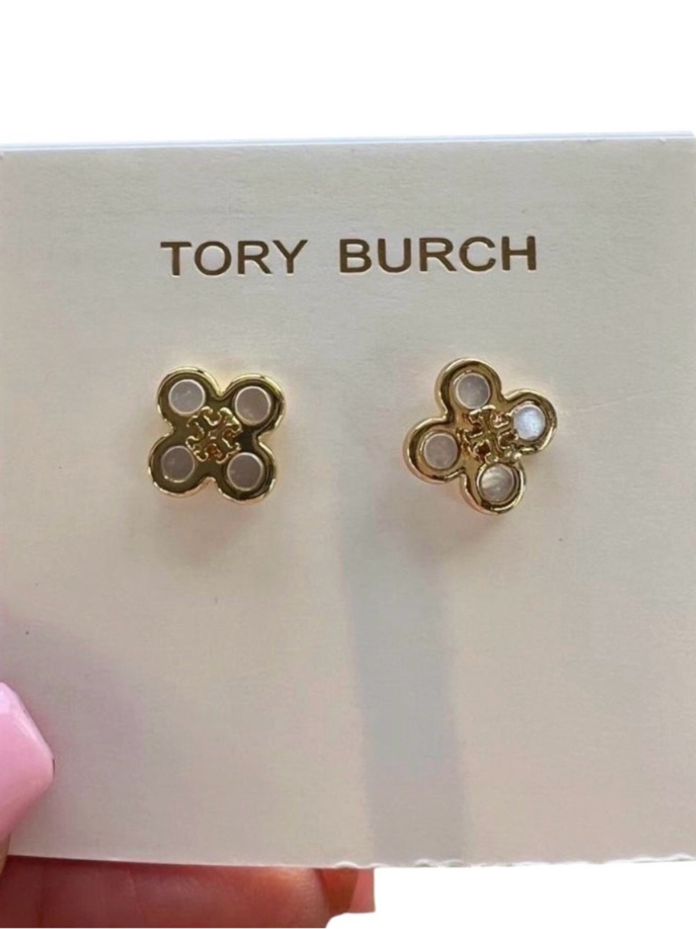 Tory Burch Mini Gold and White Logo Clover Stud Earrings
